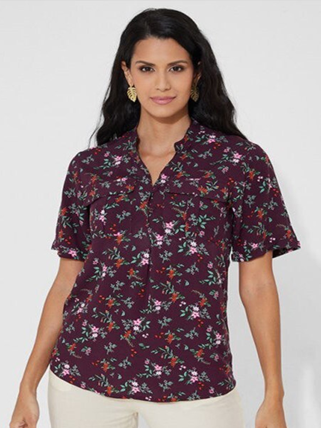 

Aila Floral Printed Mandarin Collar Cotton Top, Purple