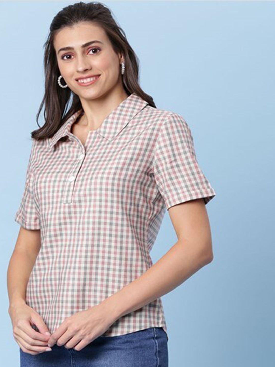 

Aila Checked Cotton Shirt Style Top, White