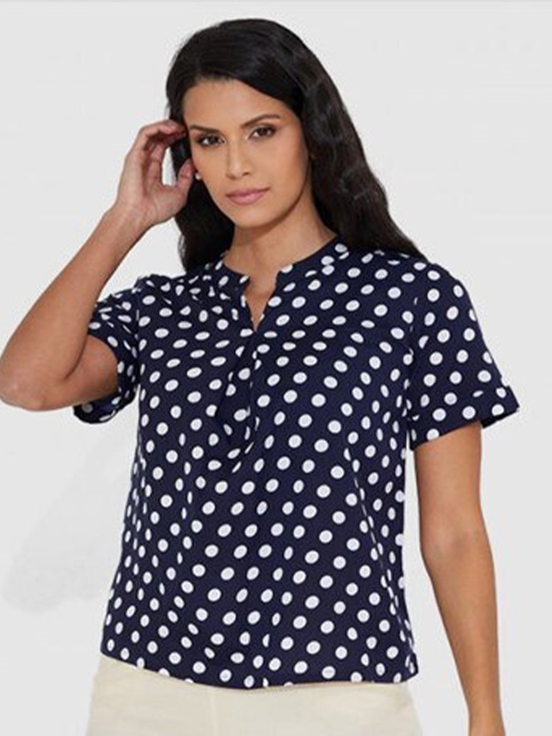 

Aila Geometric Printed Mandarin Collar Cotton Top, Navy blue