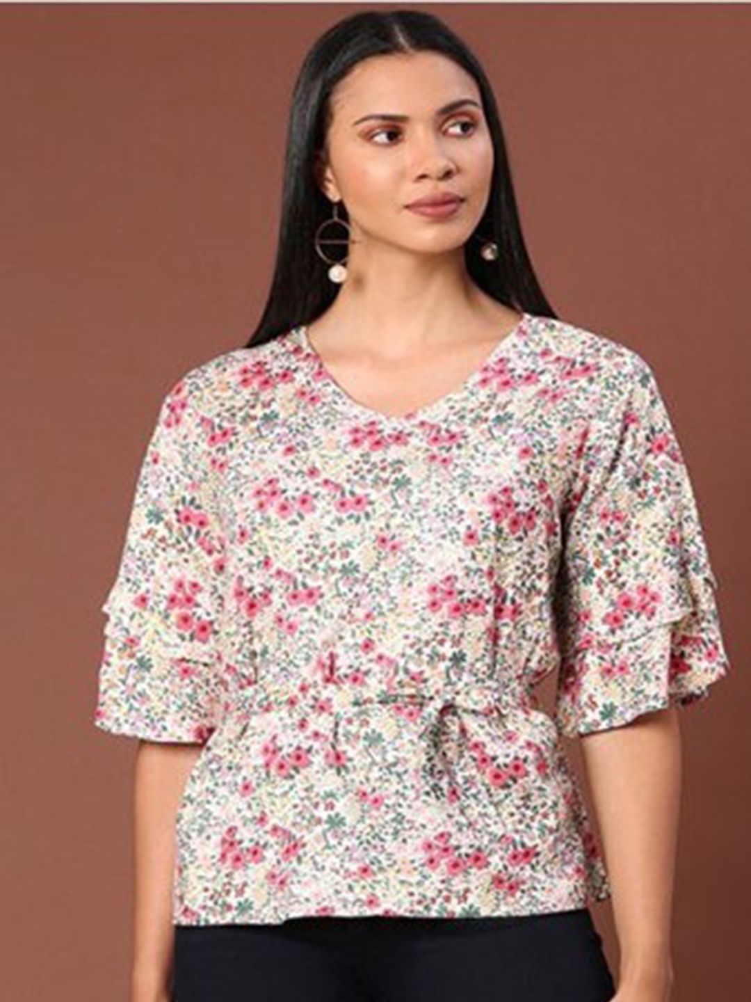 

Aila Floral Printed V-Neck Flared Sleeves Cotton Regular Top, White