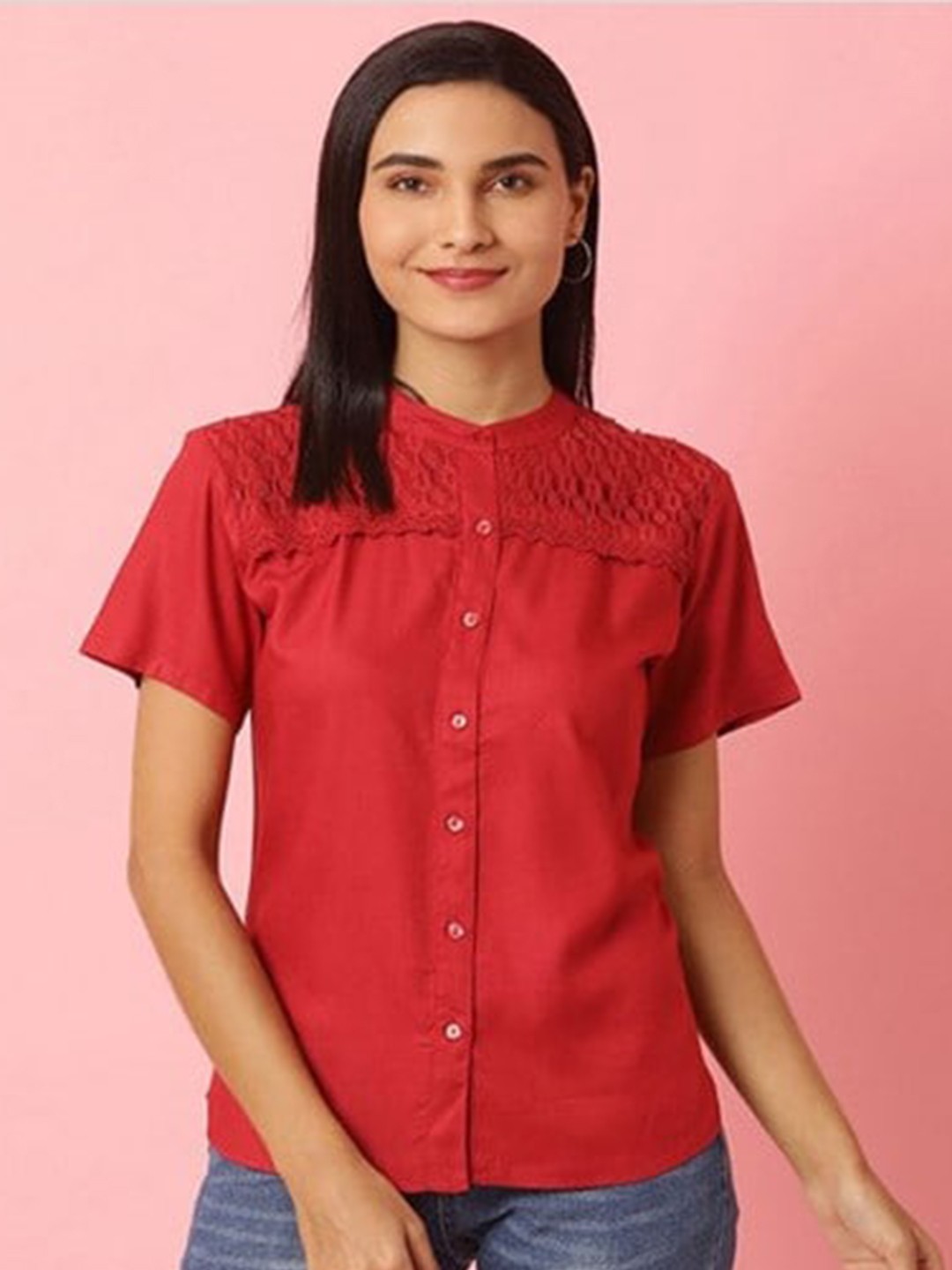 

Aila Band Collar Shirt Style Top, Red