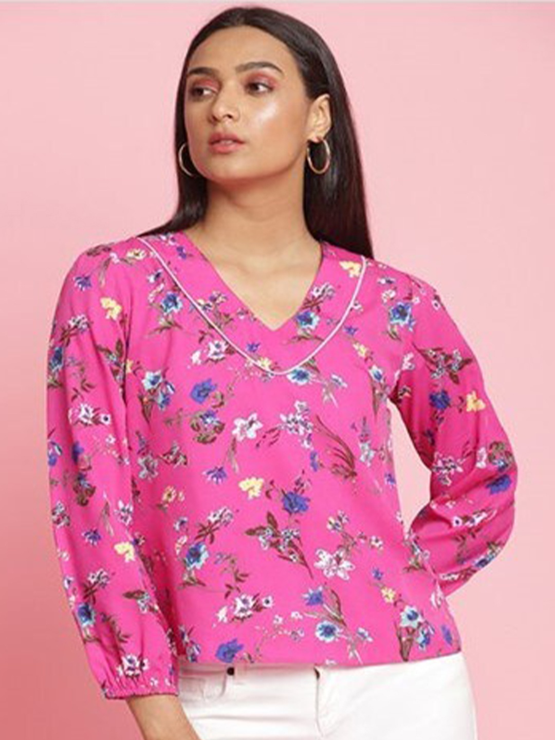 

Aila Floral Printed V-Neck Cotton Top, Pink