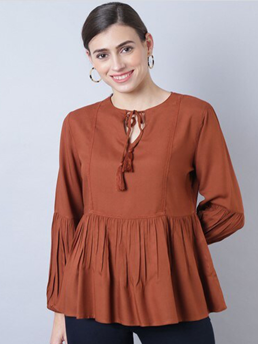 

Aila Brown Tie Up Neck Puff Sleeves Pleated A-Line Top