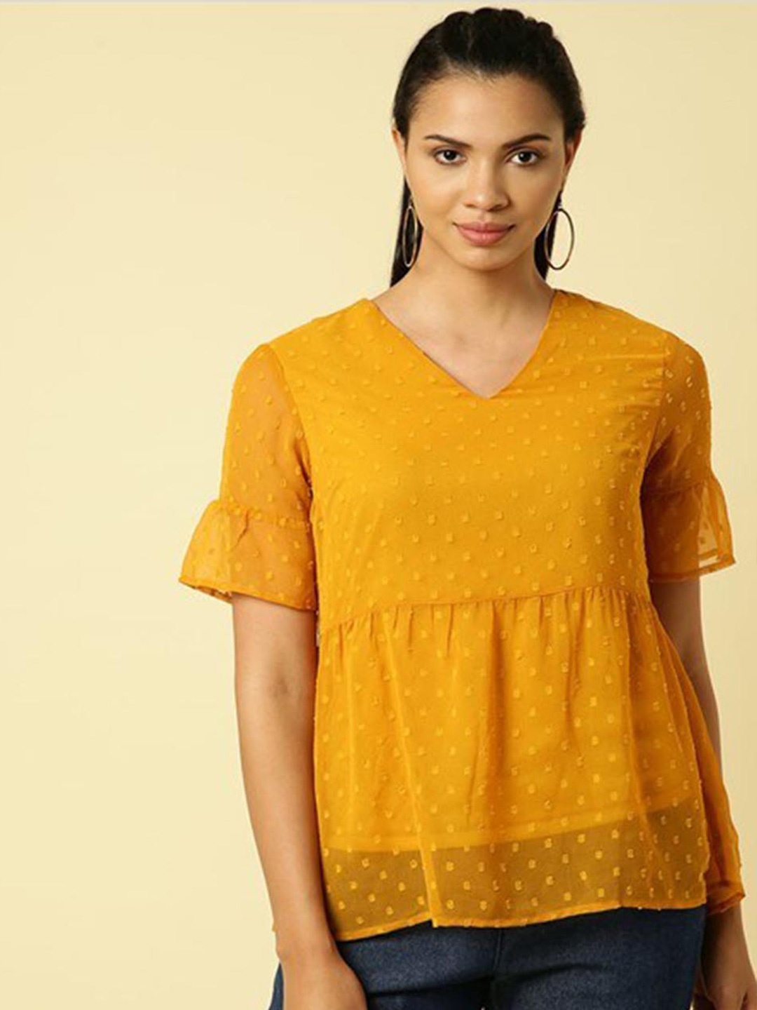 

Aila Self Design Bell Sleeves Peplum Top, Yellow