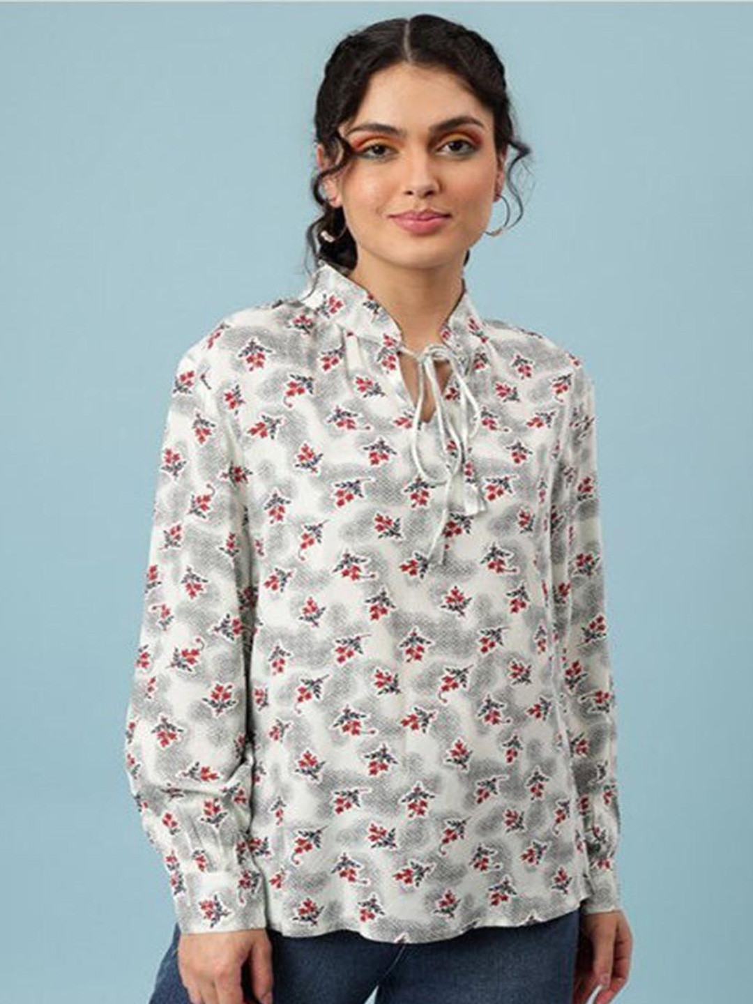 

Aila Floral Printed Tie-Up Neck Cuffed Sleeves Cotton Shirt Style Top, Green