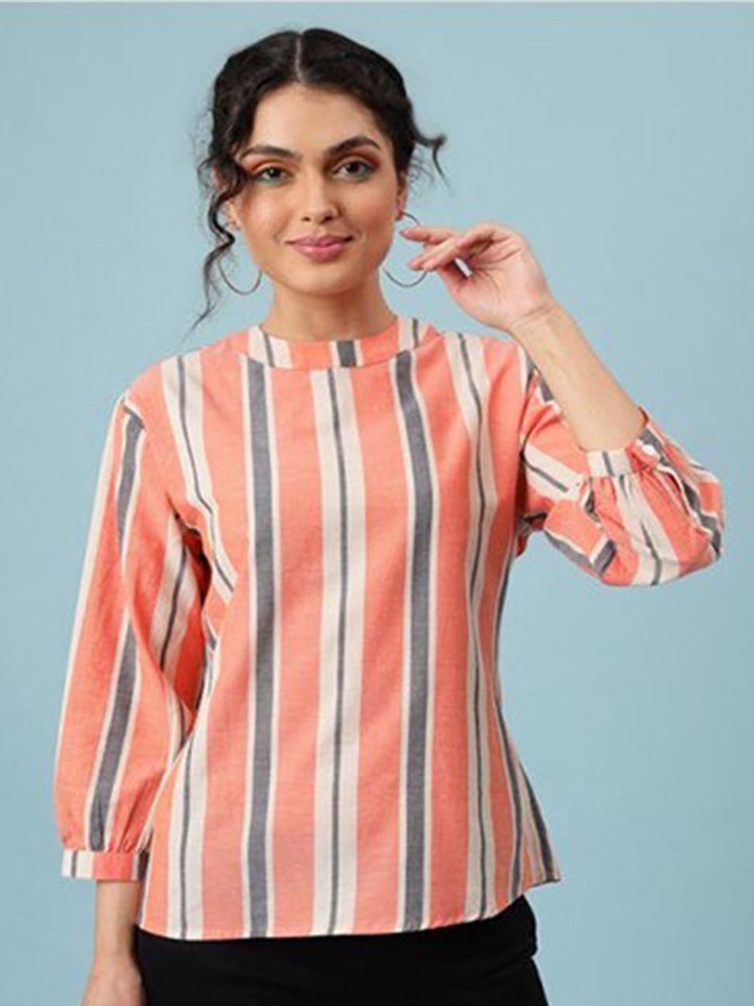 

Aila Vertical Striped Cotton Top, Peach