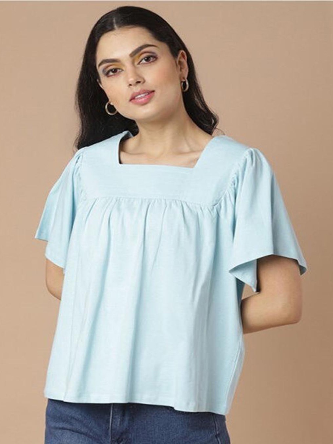 

Aila Square Neck Flared Sleeves Pleated Cotton Top, Blue