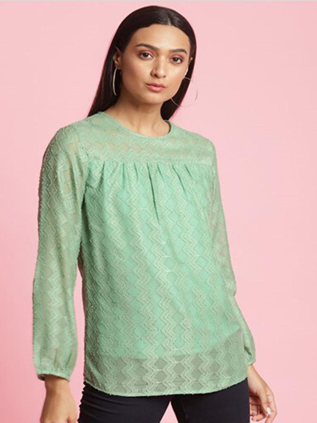 

Aila Self Design Pleated Cotton Top, Green