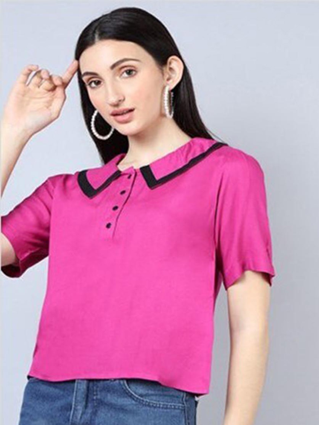 

Aila Peter Pan Collar Short Sleeves Top, Fuchsia