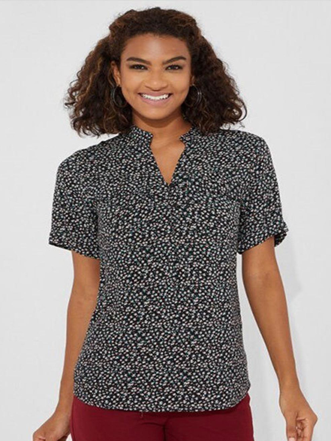 

Aila Floral Printed Mandarin Collar Cotton Top, Black