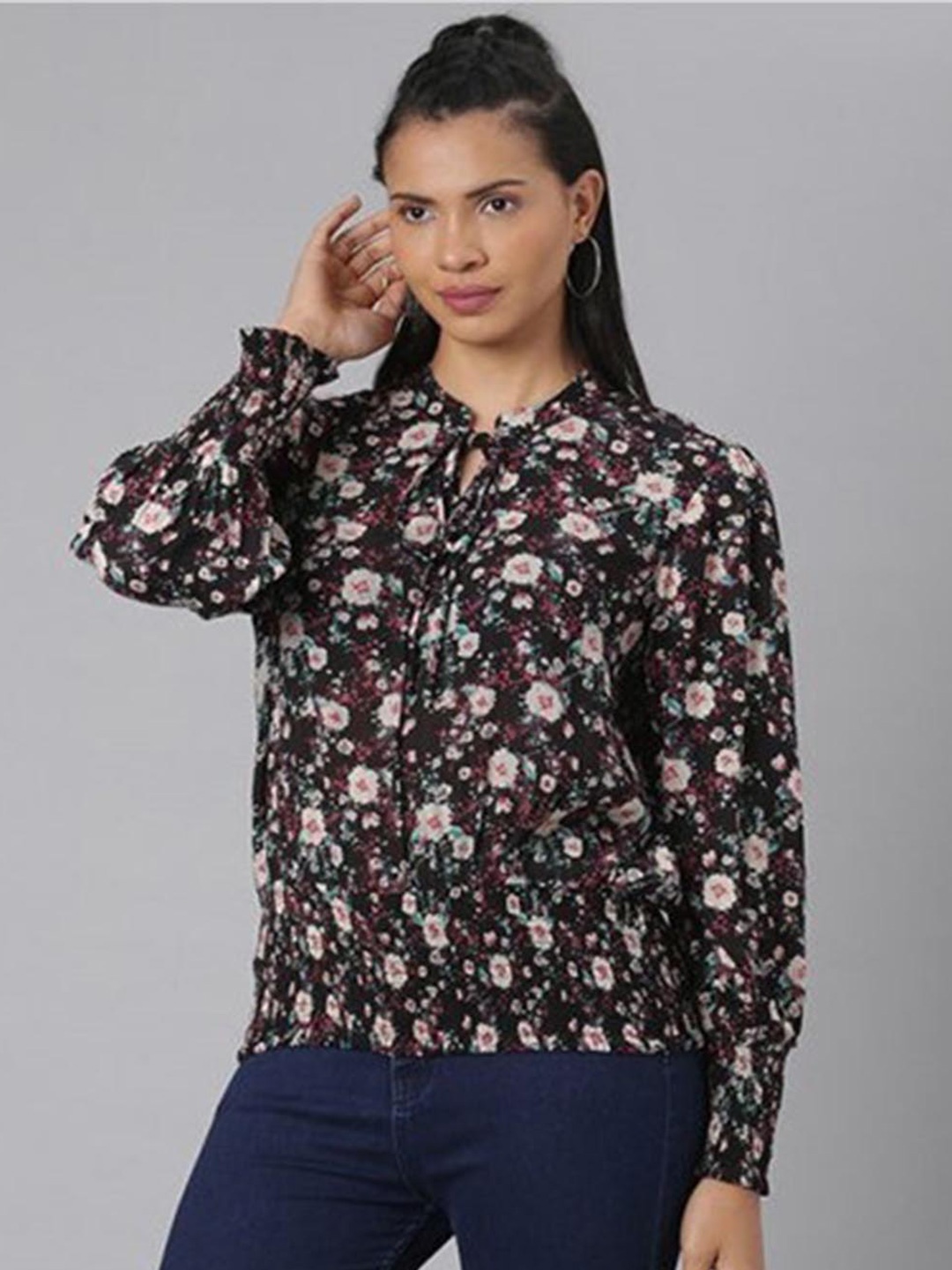 

Aila Floral Print Tie-Up Neck Cuffed Sleeves Cotton Shirt Style, Black