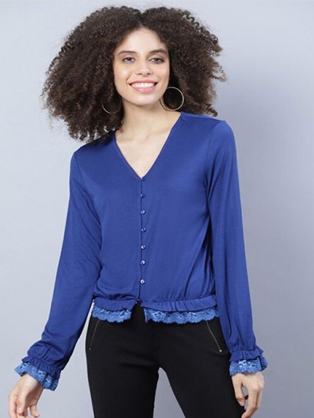 

Aila V-Neck Lace Insert Cotton Top, Blue