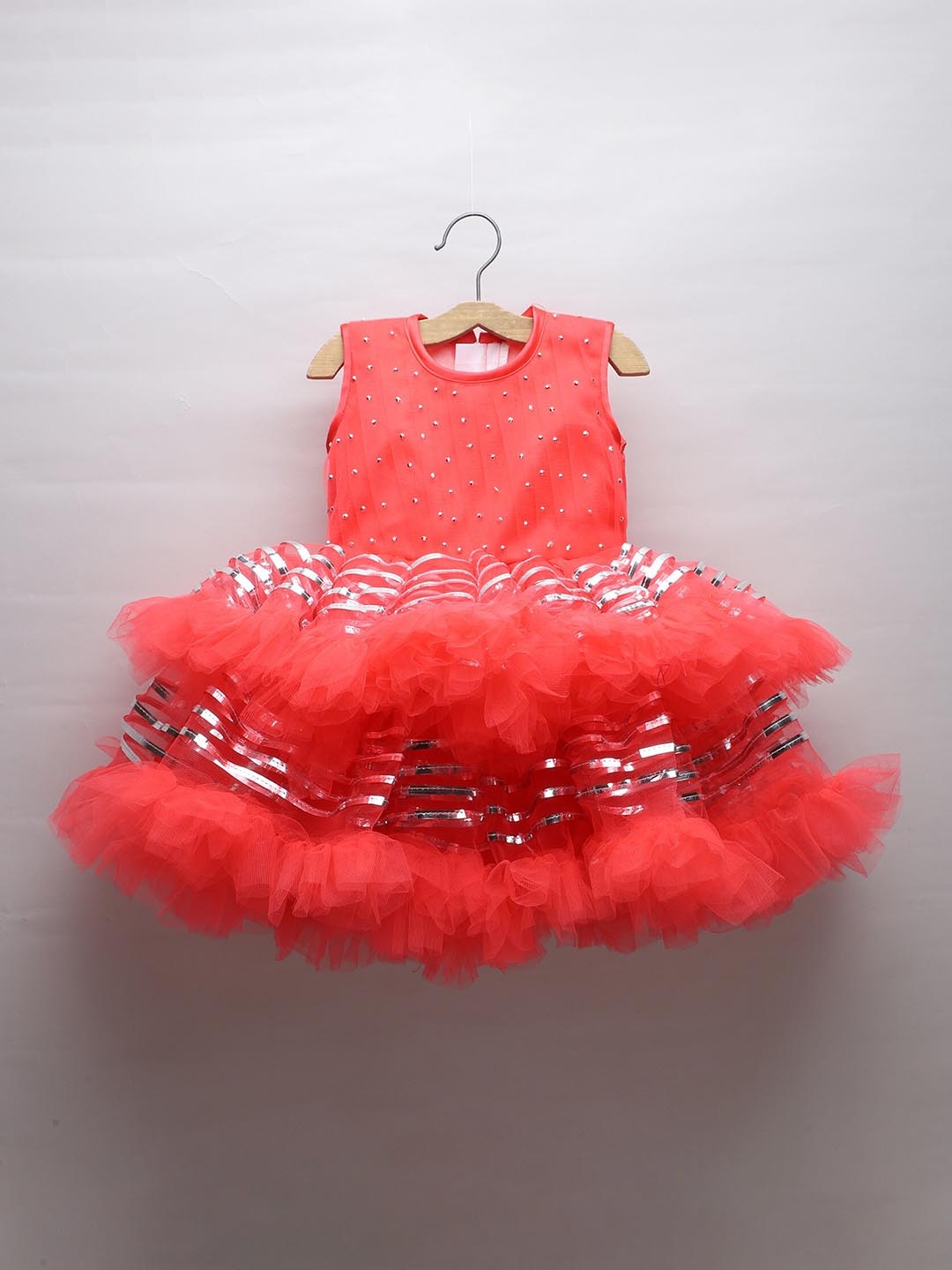 

MANY FROCKS & Red & Girls Embellished Cotton & Georgette Fit & Flare Maxi Dress