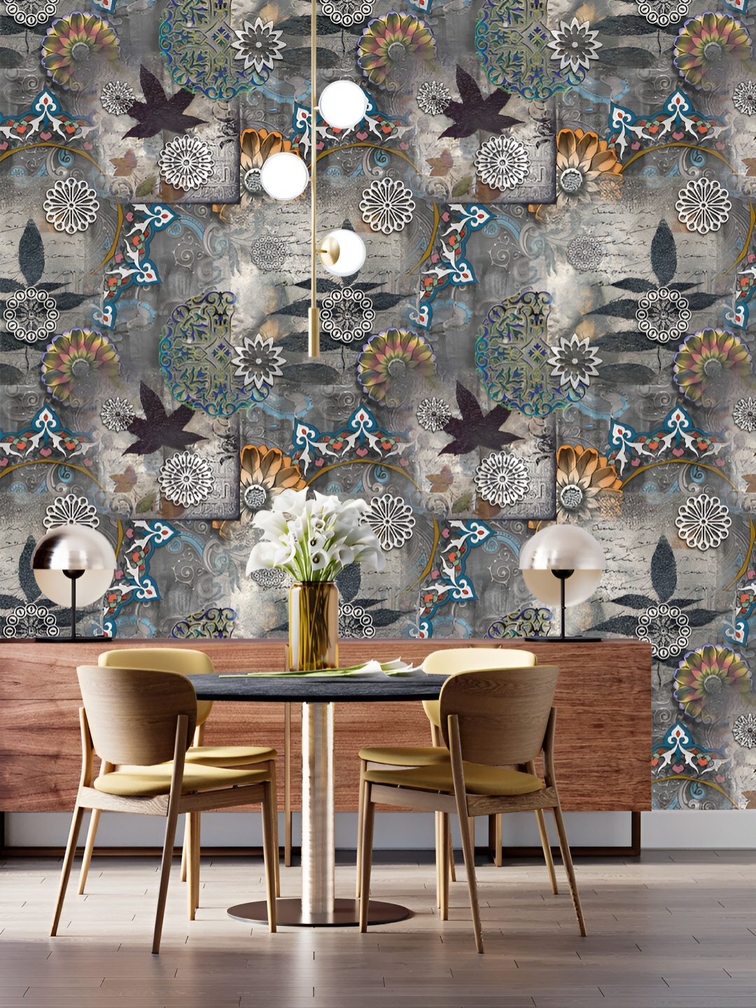 

DWELLSINDIA Blue & Grey Floral Pattern Self Adhesive Waterproof Removable Wallpaper