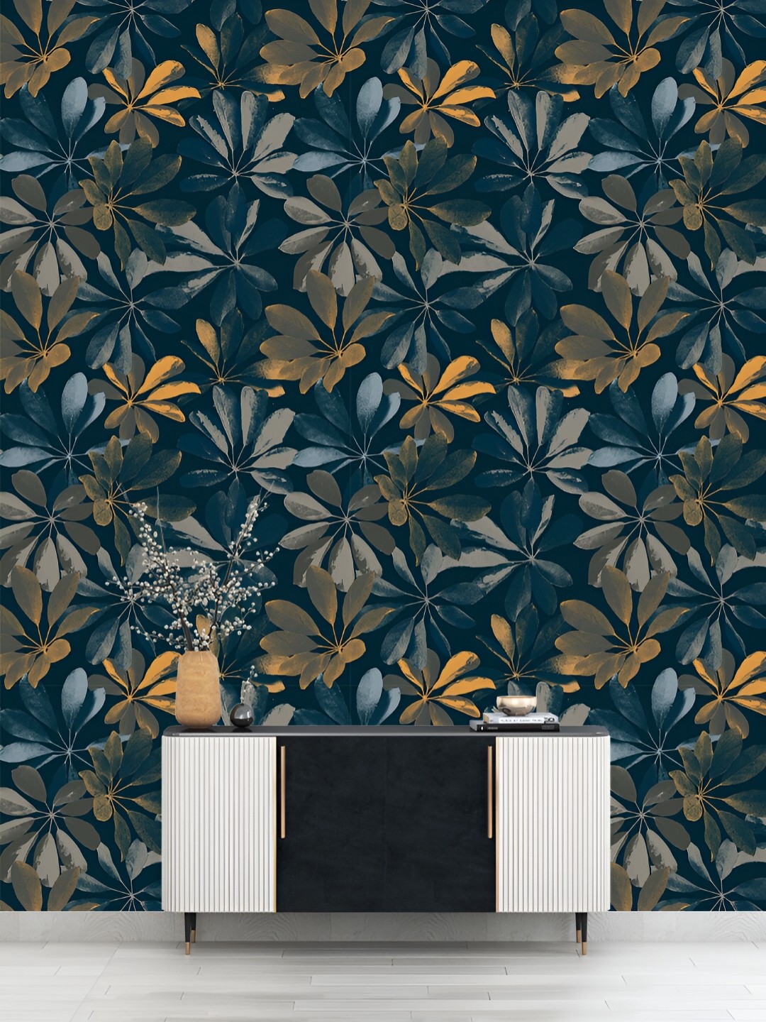 

DWELLSINDIA Blue & Grey Leaf Pattern Self Adhesive Waterproof Removable Wallpaper