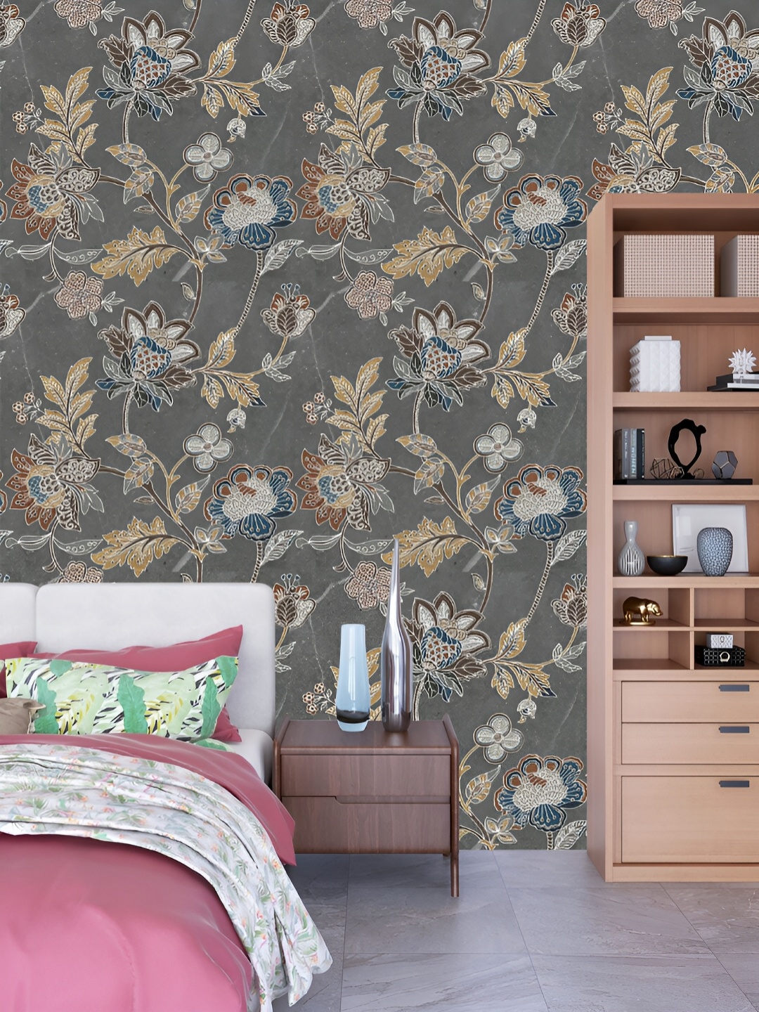 

DWELLSINDIA Grey & Beige Floral Pattern Self Adhesive Waterproof Removable Wallpaper