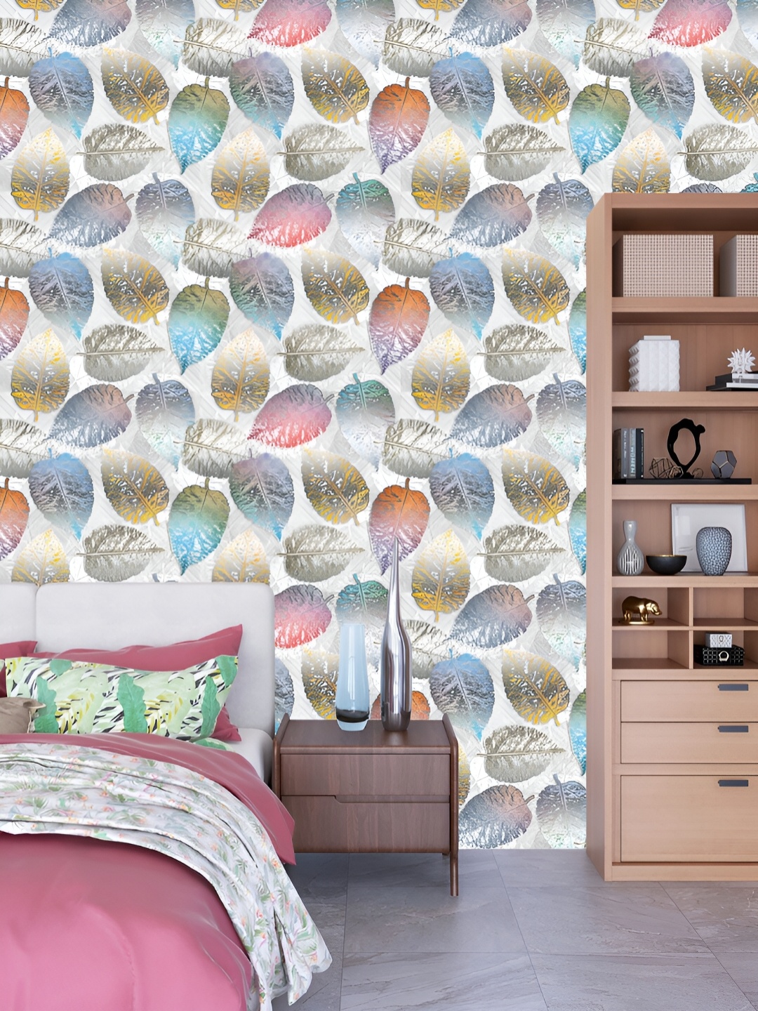 

DWELLSINDIA White & Pink Leaves Pattern Self Adhesive Waterproof Removable Wallpaper