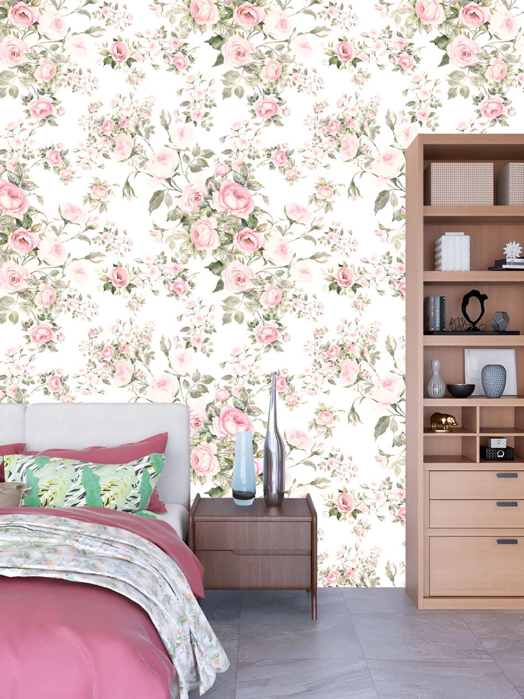 

DWELLSINDIA White & Pink Rose Floral Pattern Self Adhesive Waterproof Removable Wallpaper