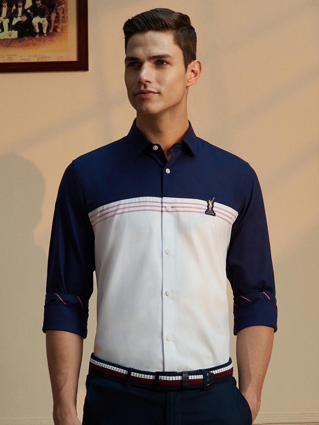 

Peter England Casuals Slim Fit Colourblocked Long Sleeves Cotton Casual Shirt, Navy blue