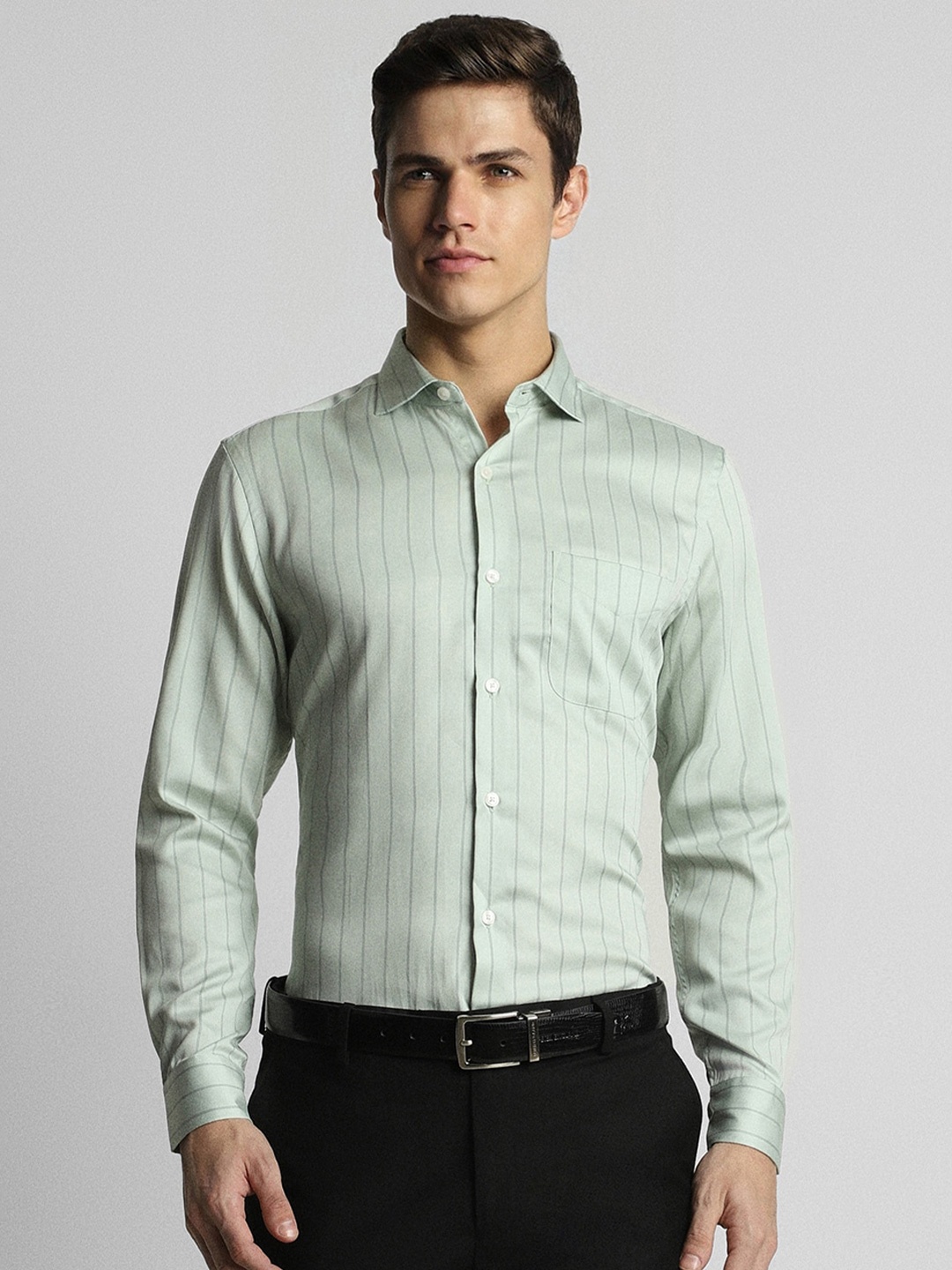 

Peter England Elite Slim Fit Vertical Striped Pure Cotton Formal Shirt, Green