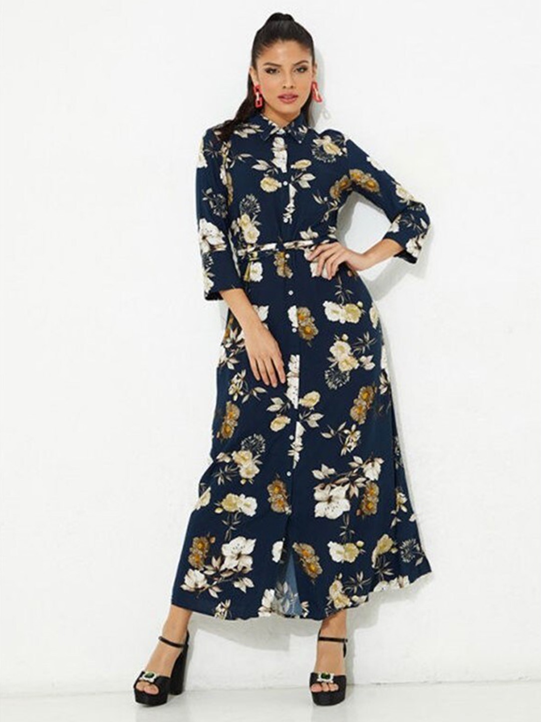 

Aila Floral Printed A-Line Maxi Dress, Navy blue