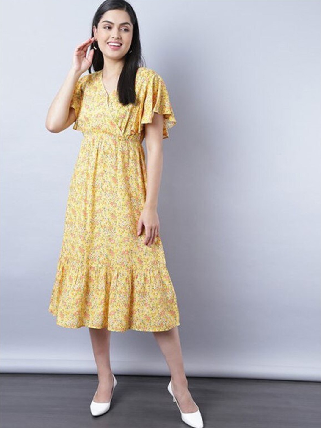 

Aila Floral Printed V-Neck Flutter Sleeves Gathered Detailed Fit & Flare Midi Dress, Yellow