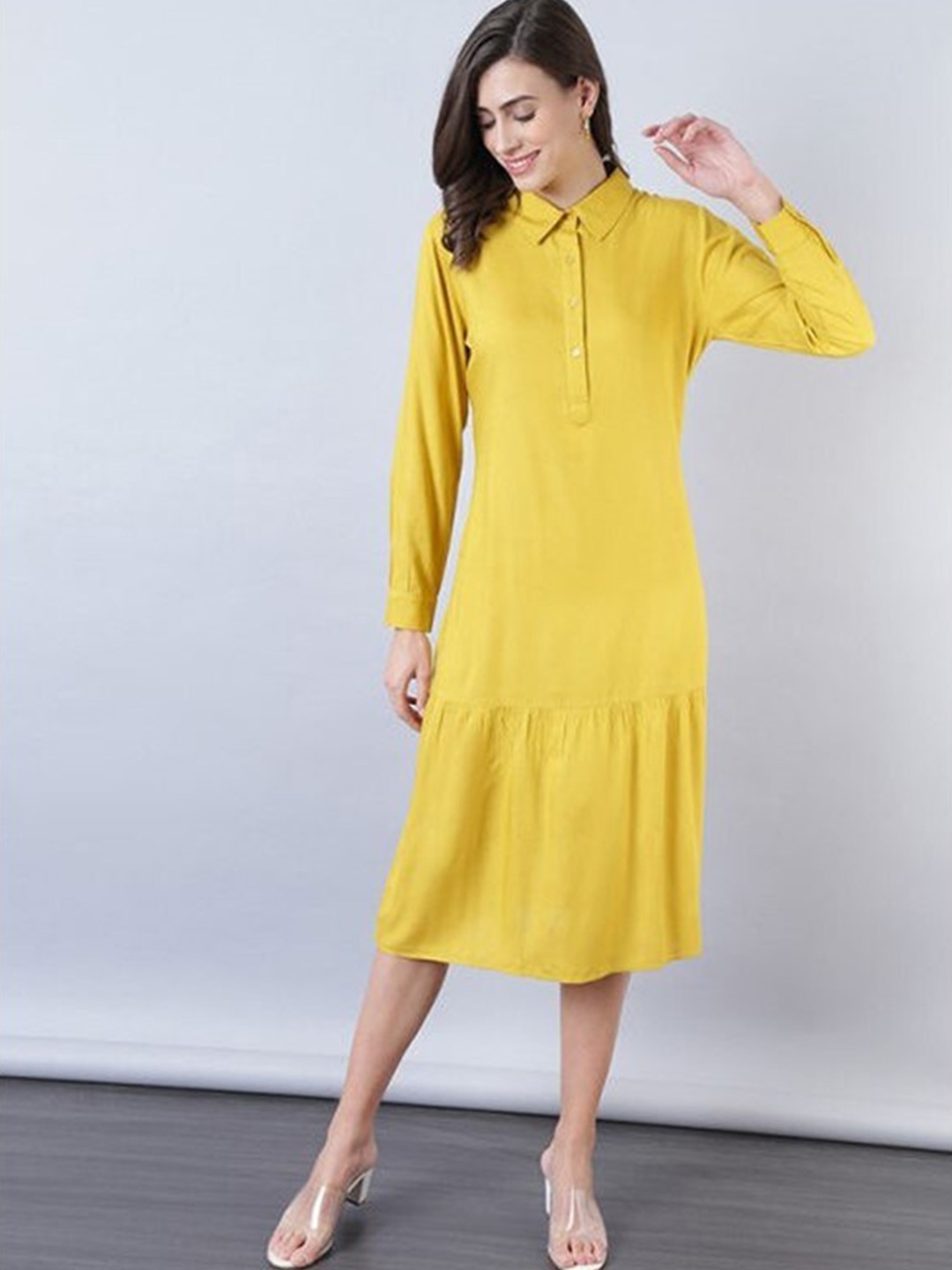 

Aila Shirt Collar Gathered Detailed A-Line Midi Dress, Yellow
