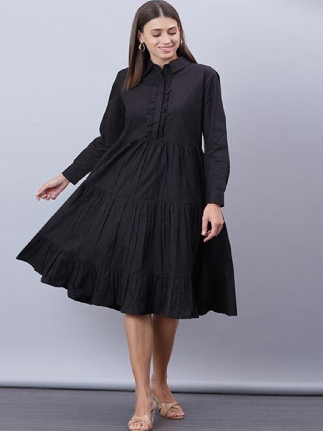 

Aila Shirt Collar Fit & Flare Midi Dress, Black