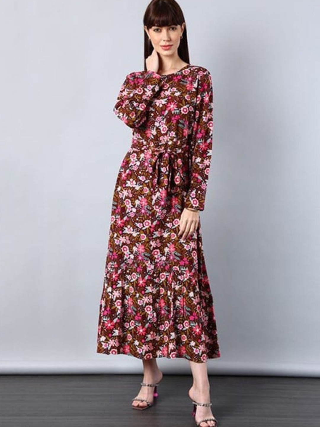

Aila Floral Printed Belted Fit & Flare Midi Dress, Maroon