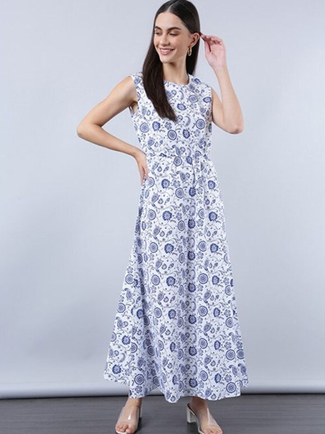 

Aila Floral Printed Sleeveless A-Line Dress, White
