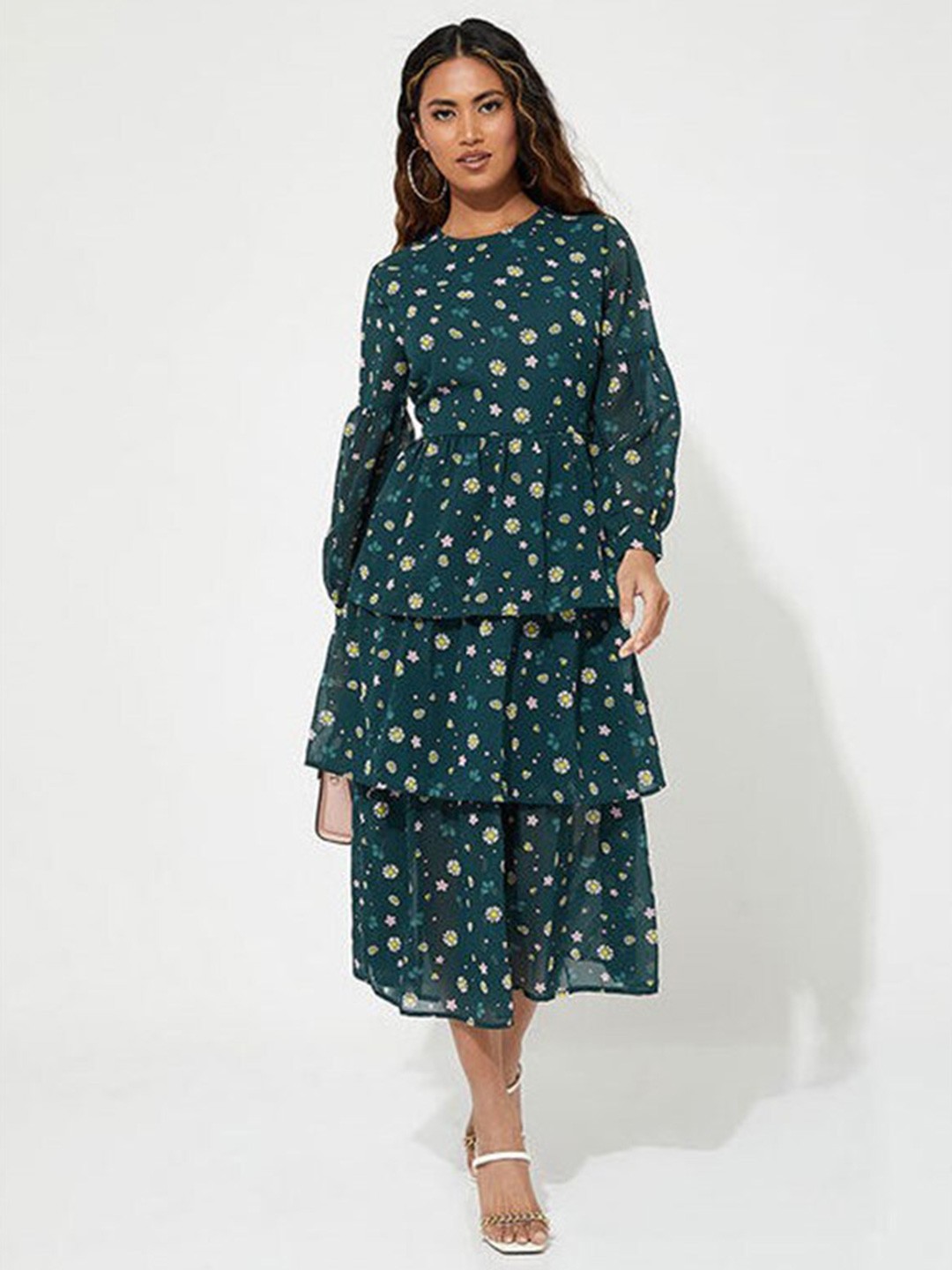 

Aila Floral Printed Layered Fit & Flare Midi Dress, Green