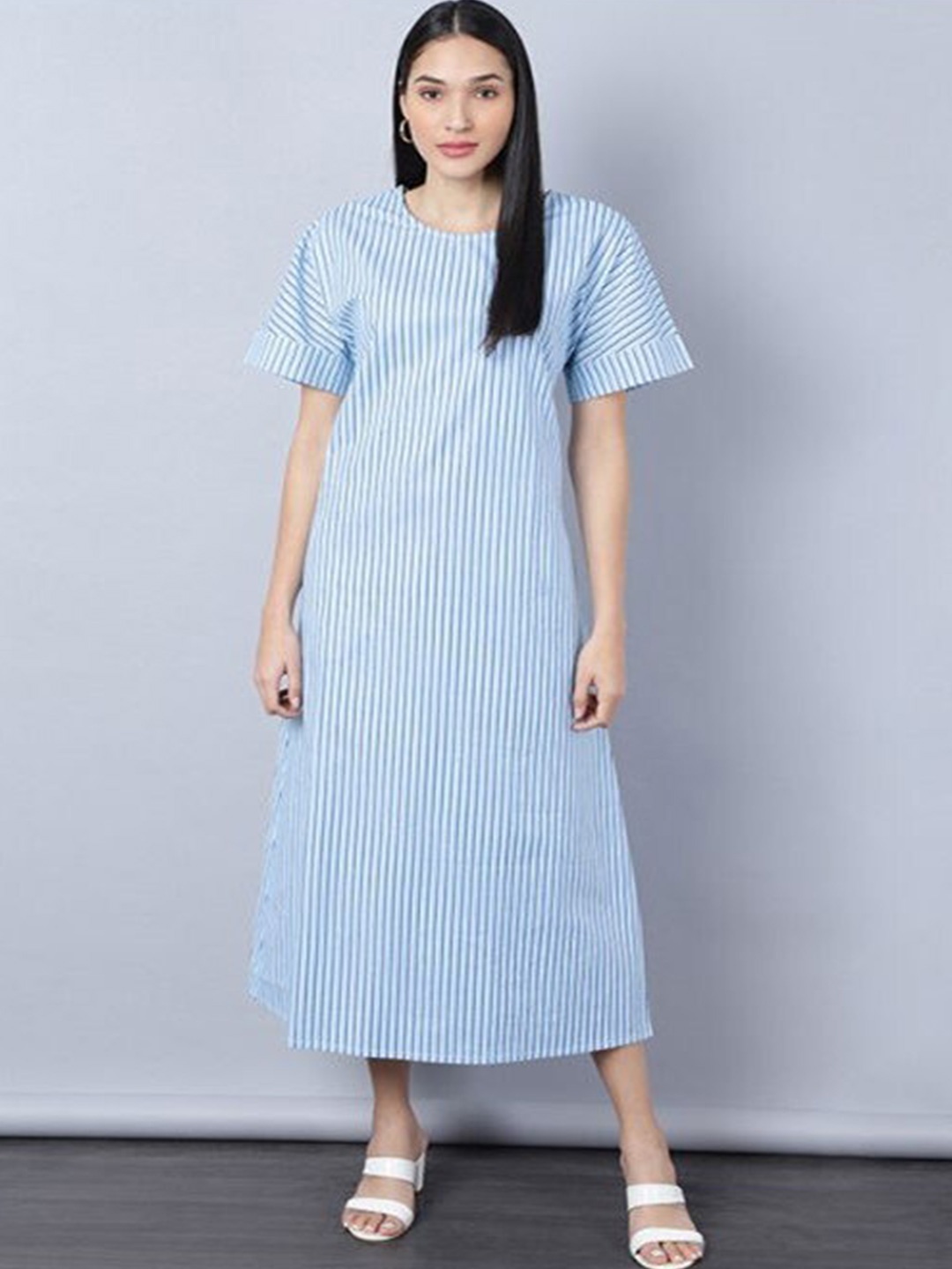 

Aila Striped Round Neck A-Line Midi Dress, Blue