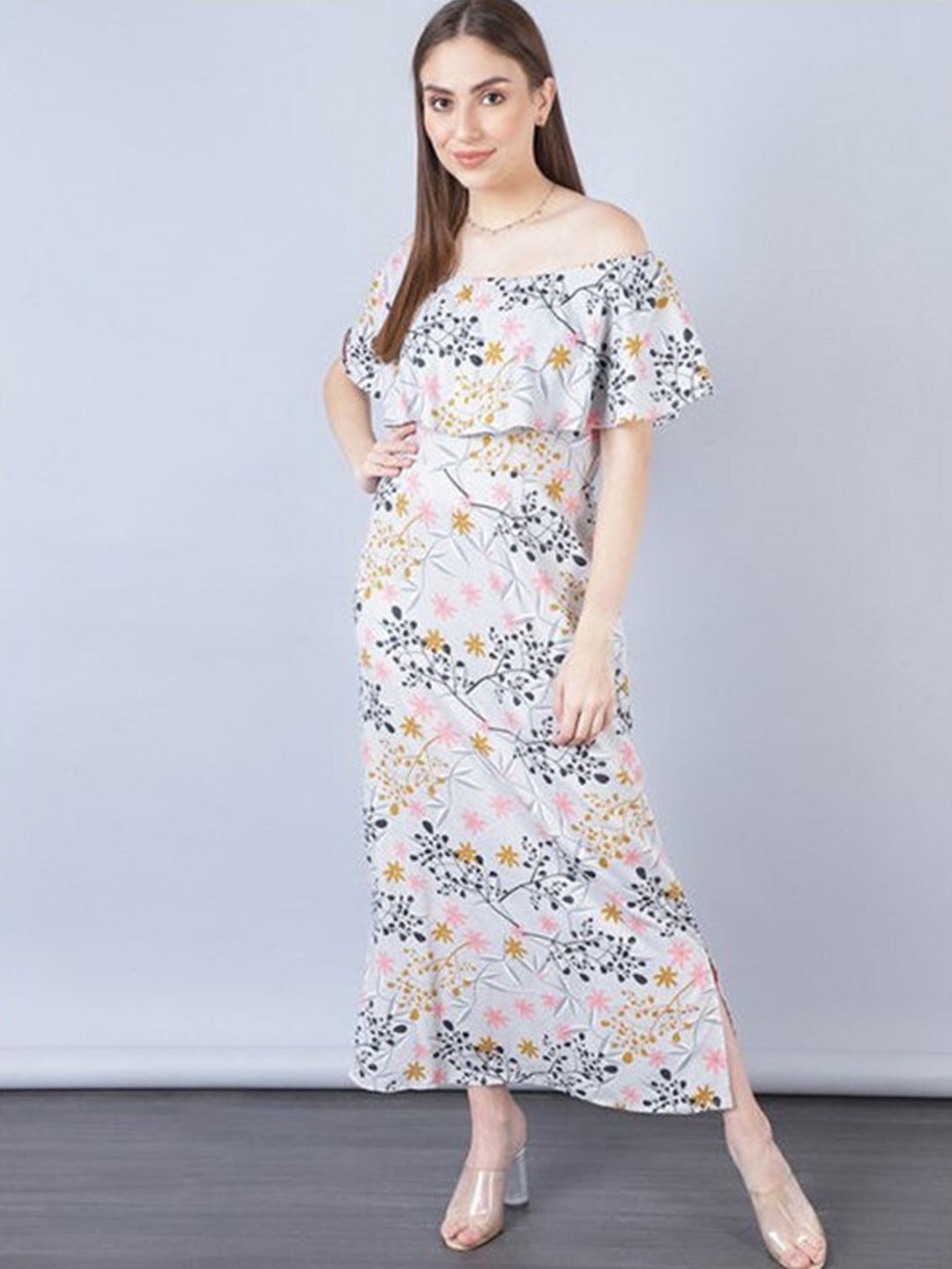

Aila Floral Printed Off-Shoulder Cape Sleeves Sheath Maxi Dress, White