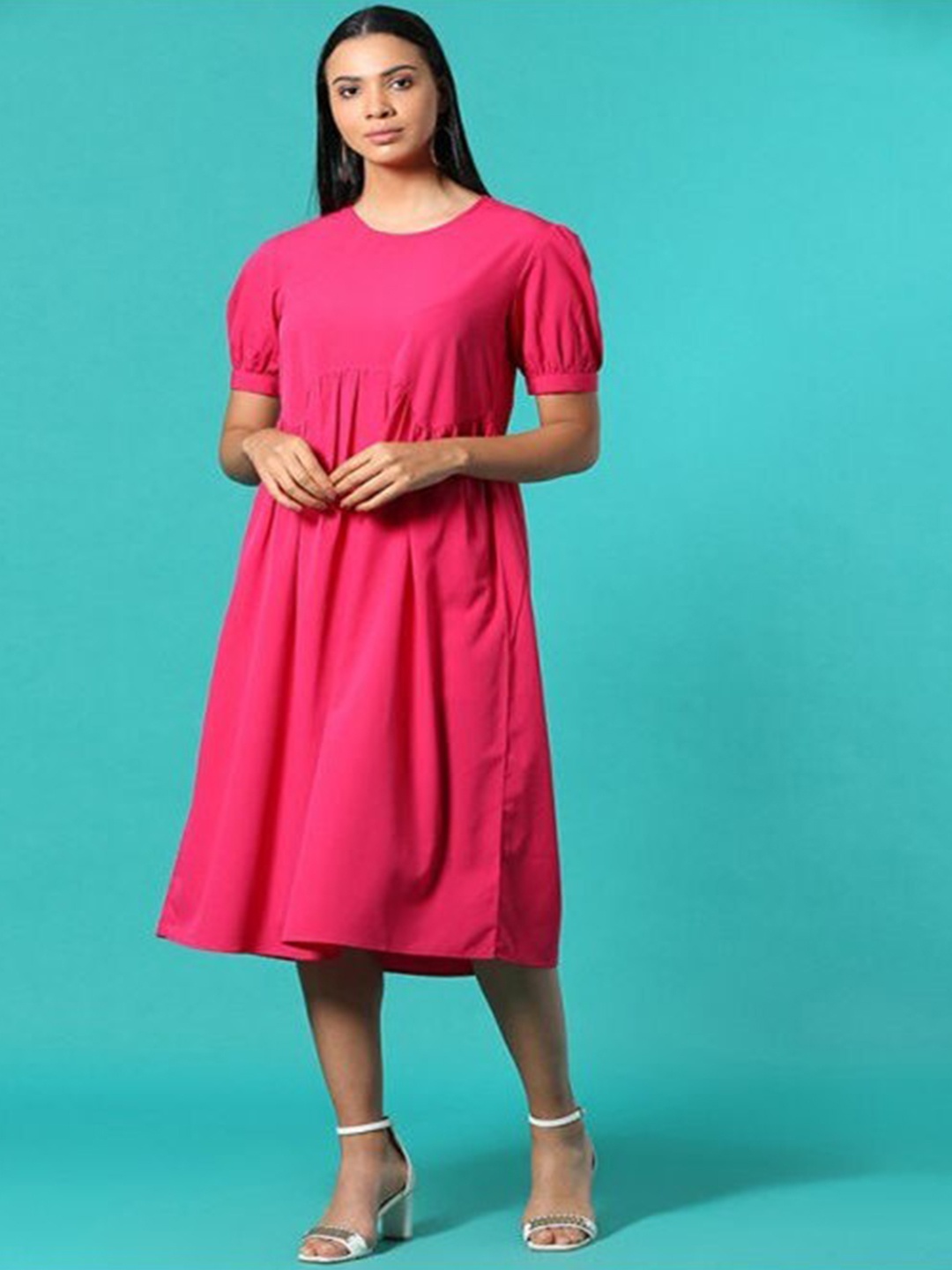 

Aila Round Neck Puff Sleeves Gathered Fit & Flare Midi Dress, Magenta