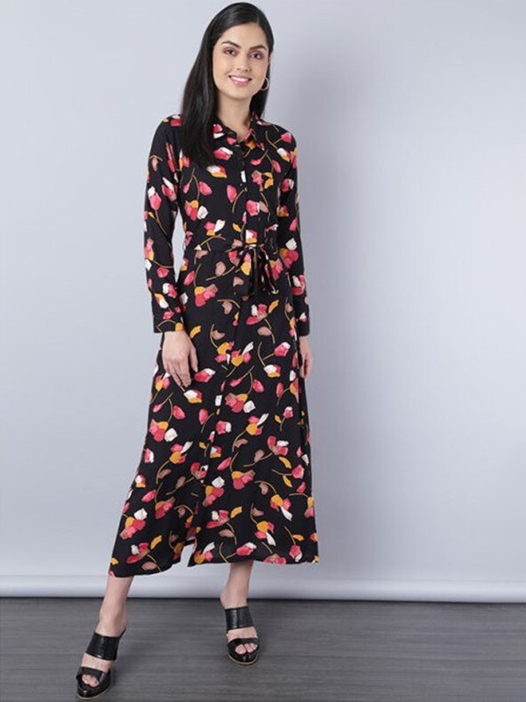 

Aila Floral Printed Shirt Collar Shirt Midi Dress, Black