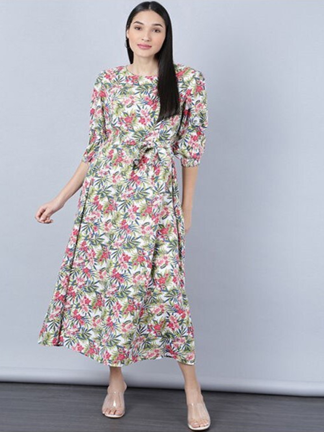 

Aila Floral Printed Puff Sleeves Fit & Flare Midi Dress, White
