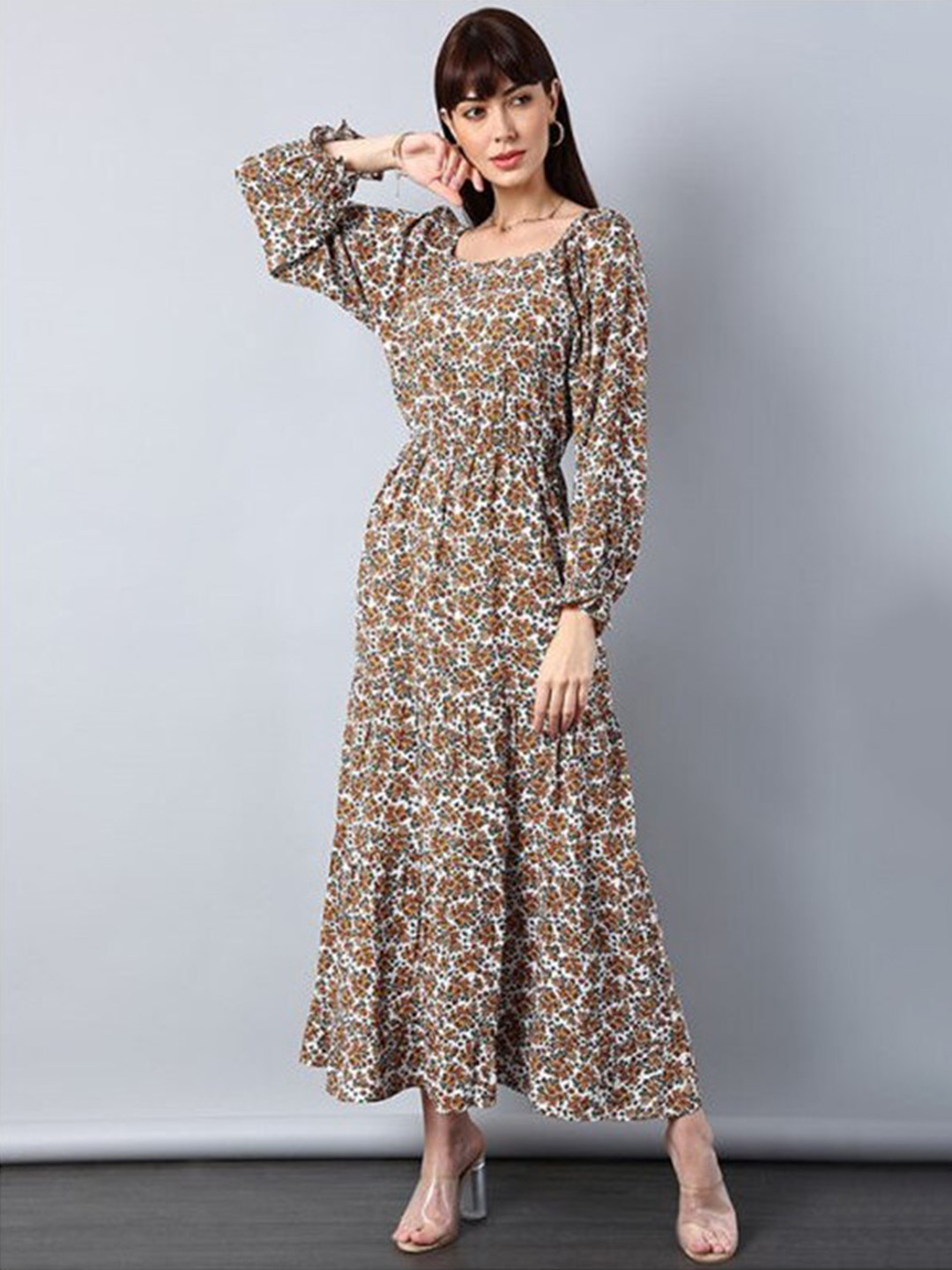 

Aila Floral Printed Square Neck Puff Sleeves Fit & Flare Maxi Dress, Brown