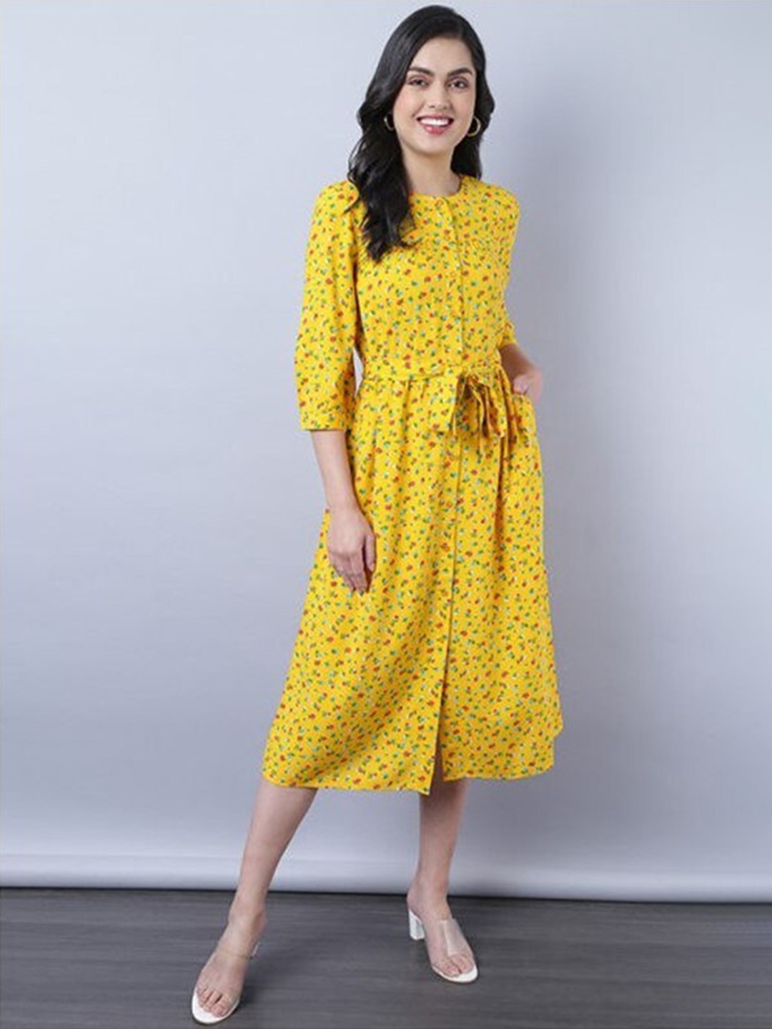 

Aila Floral Printed Cuffed Sleeves Tie-Ups Detail A-Line Midi Dress, Yellow