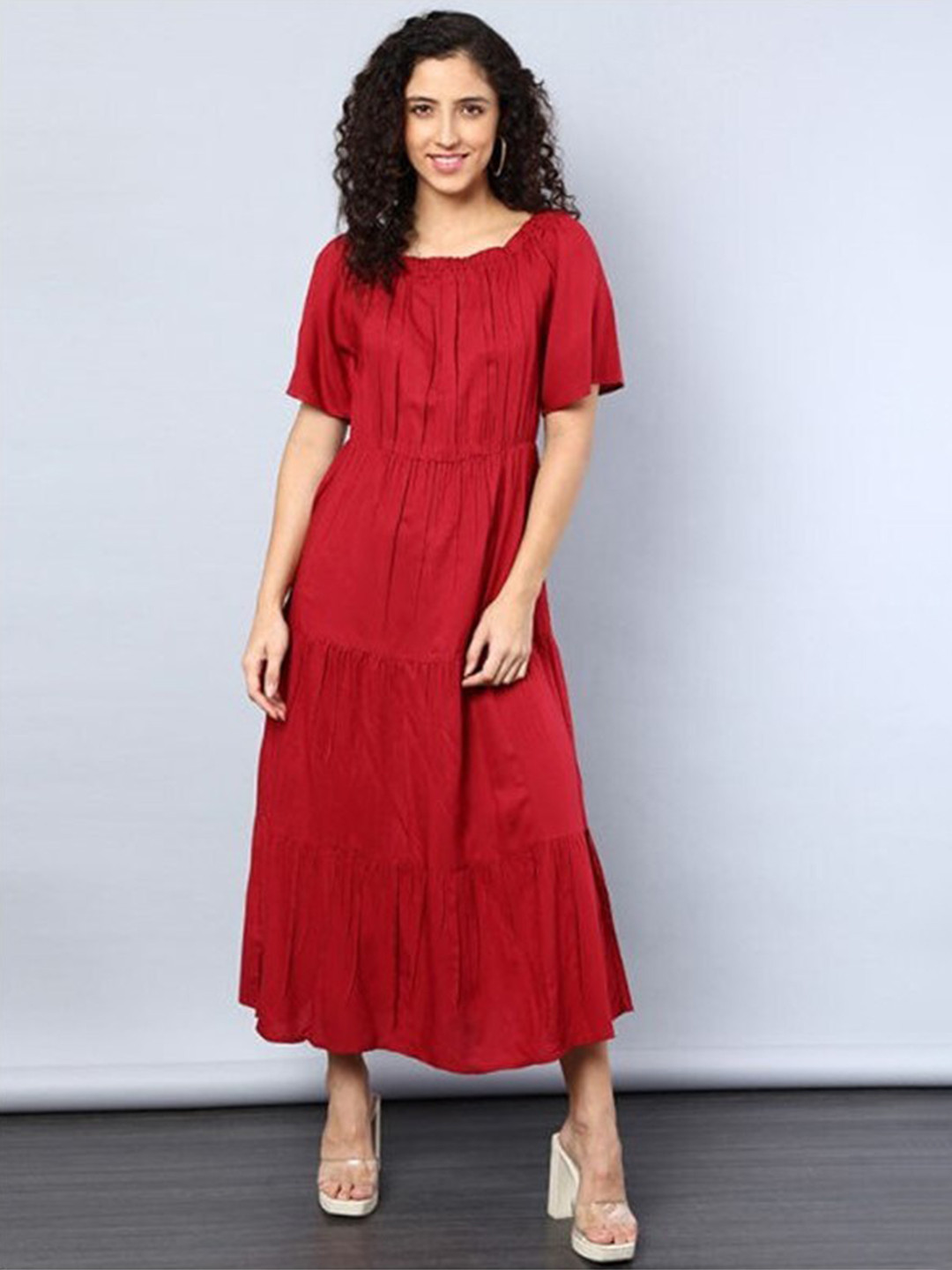 

Aila Flared Sleeves Fit & Flare Maxi Dress, Burgundy
