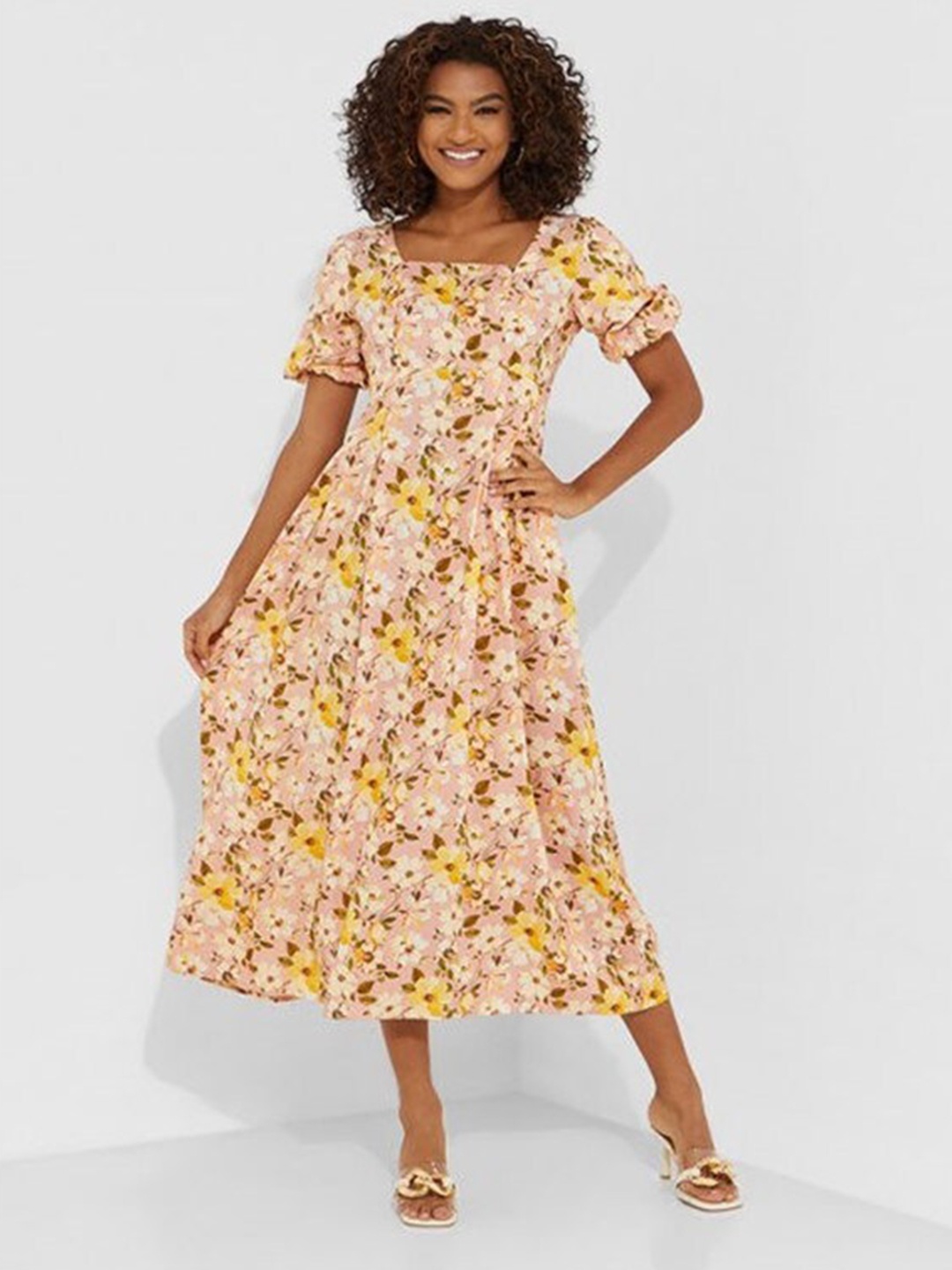 

Aila Floral Printed Fit & Flare Midi Dress, Peach