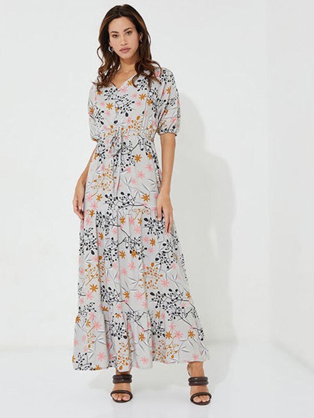 

Aila Floral Printed V-Neck Maxi Dress, White