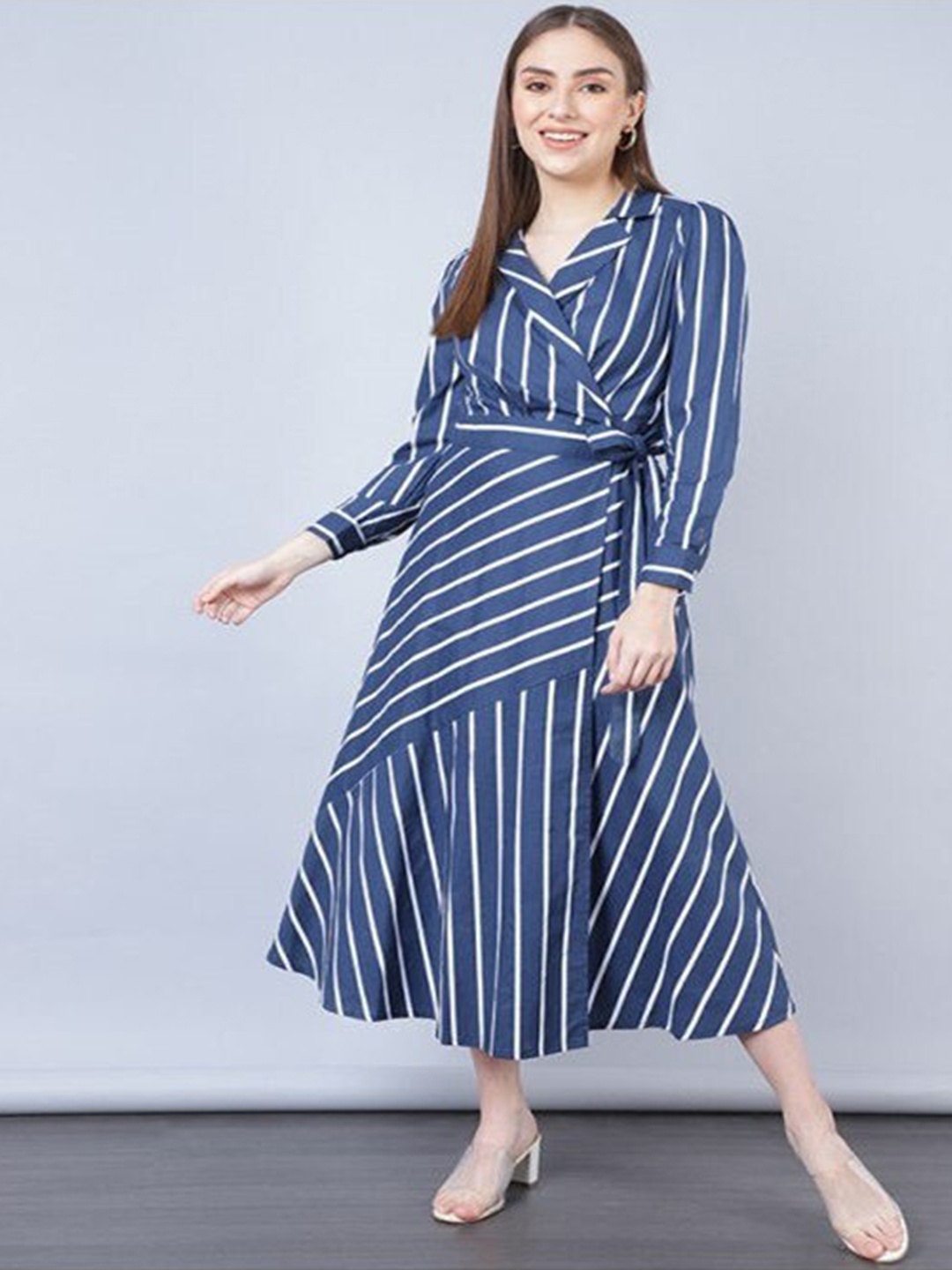 

Aila Striped Shirt Collar Cuffed Sleeves Wrap Midi Dress, Blue