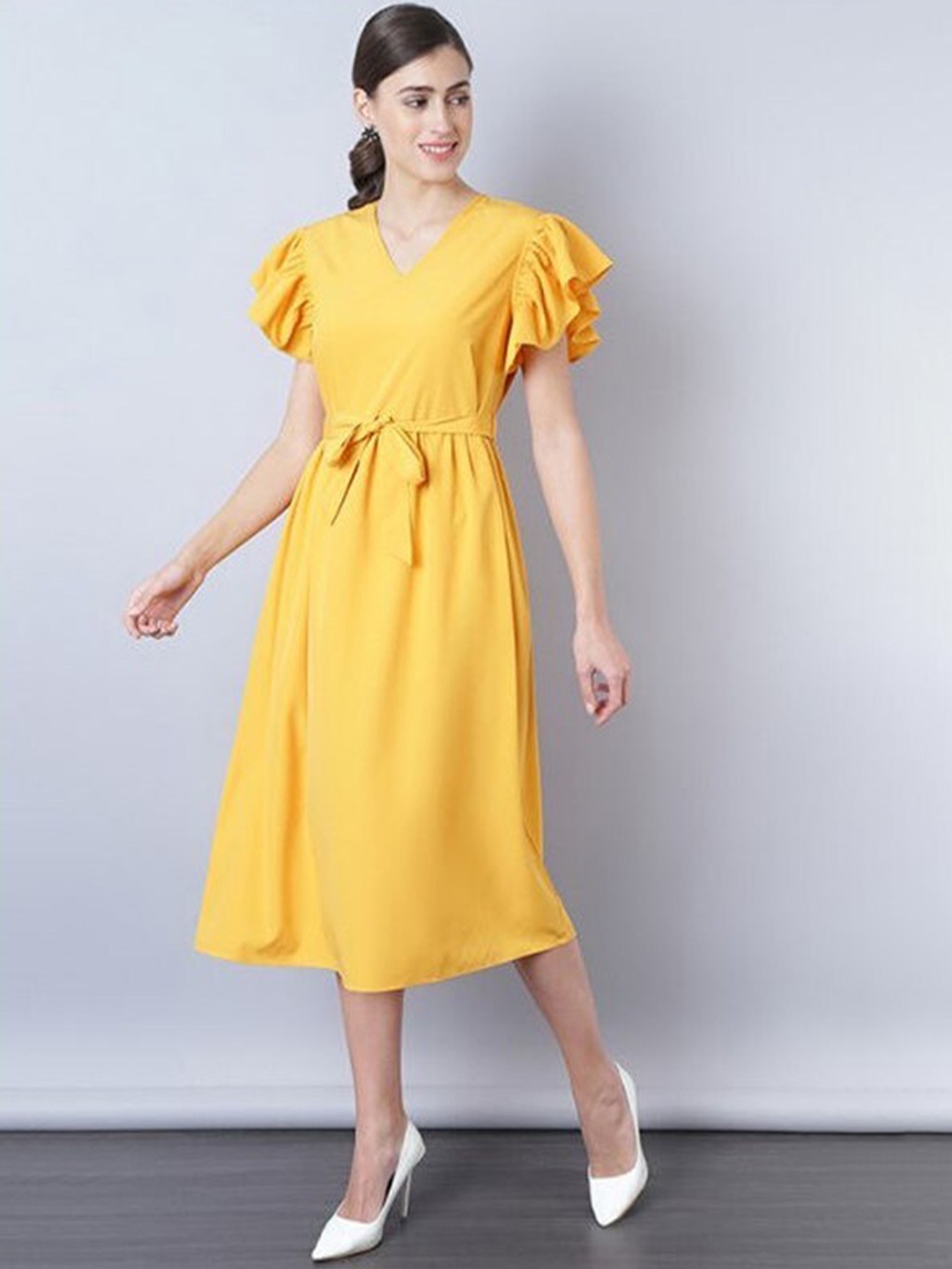 

Aila Flutter Sleeves Fit And Flare Midi Dress, Yellow