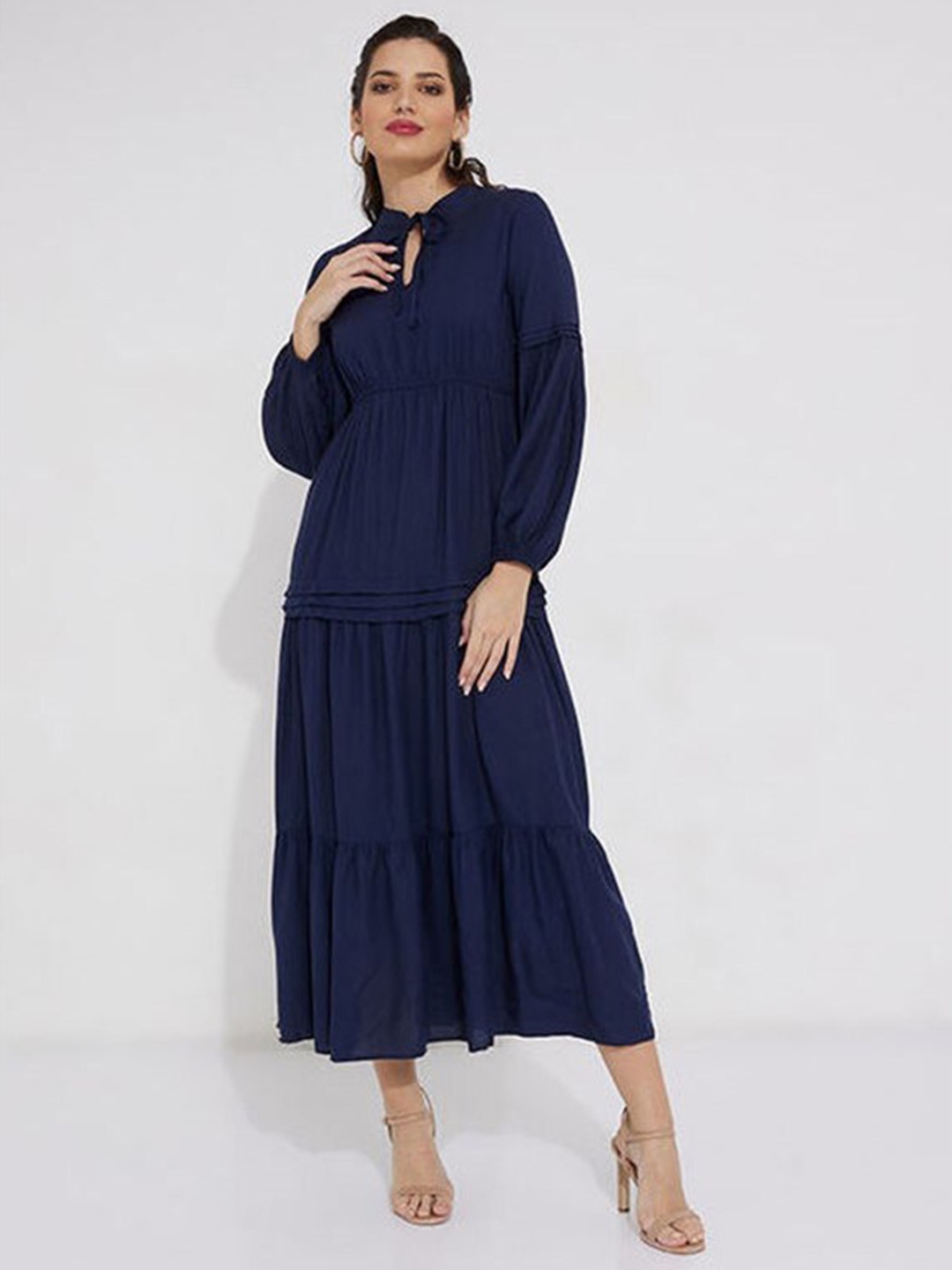 

Aila Tie-Up Neck Cuffed Sleeves Tiered Fit And Flare Midi Dress, Navy blue