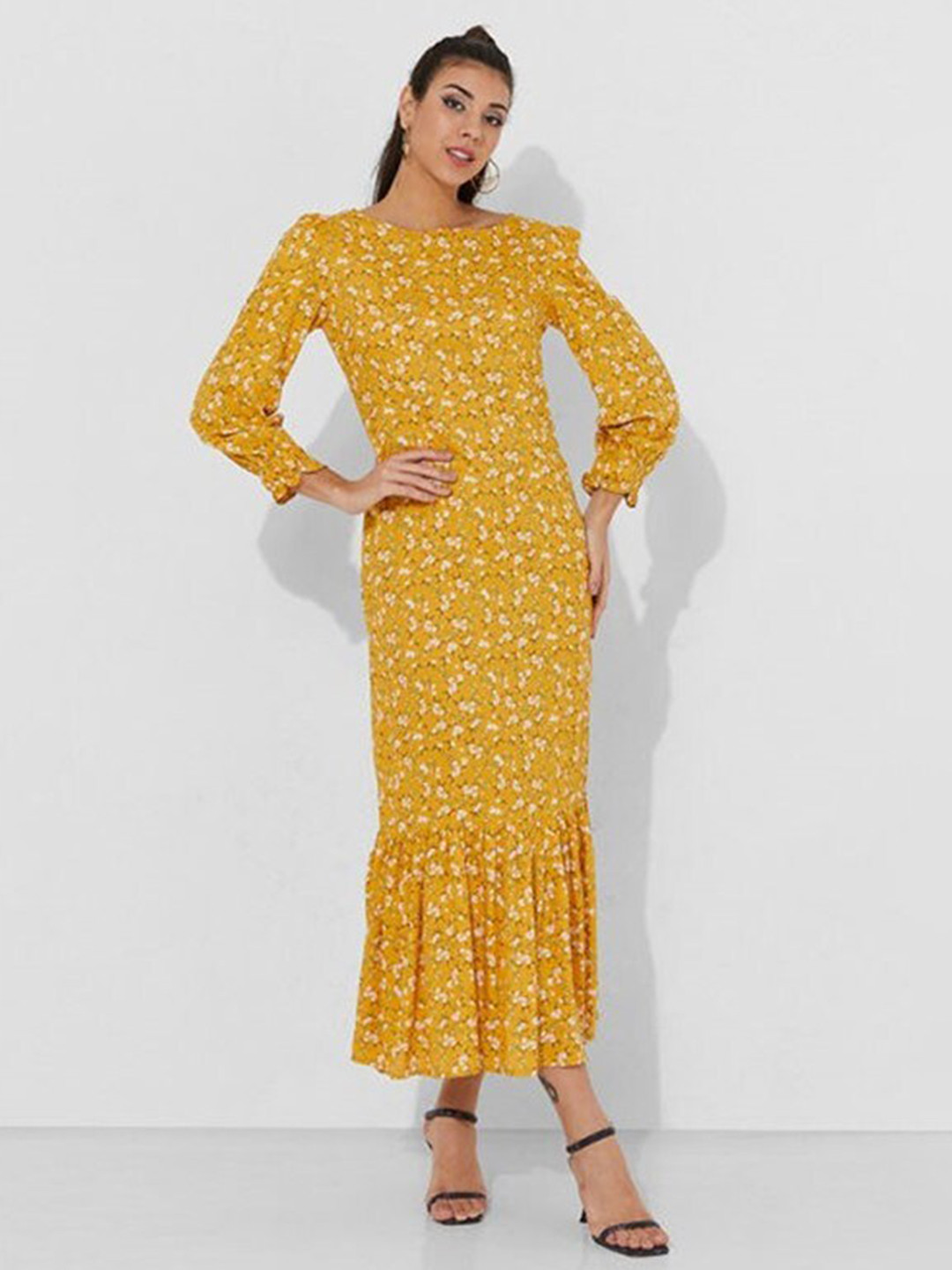 

Aila Floral Printed Puff Sleeves Maxi Dress, Yellow
