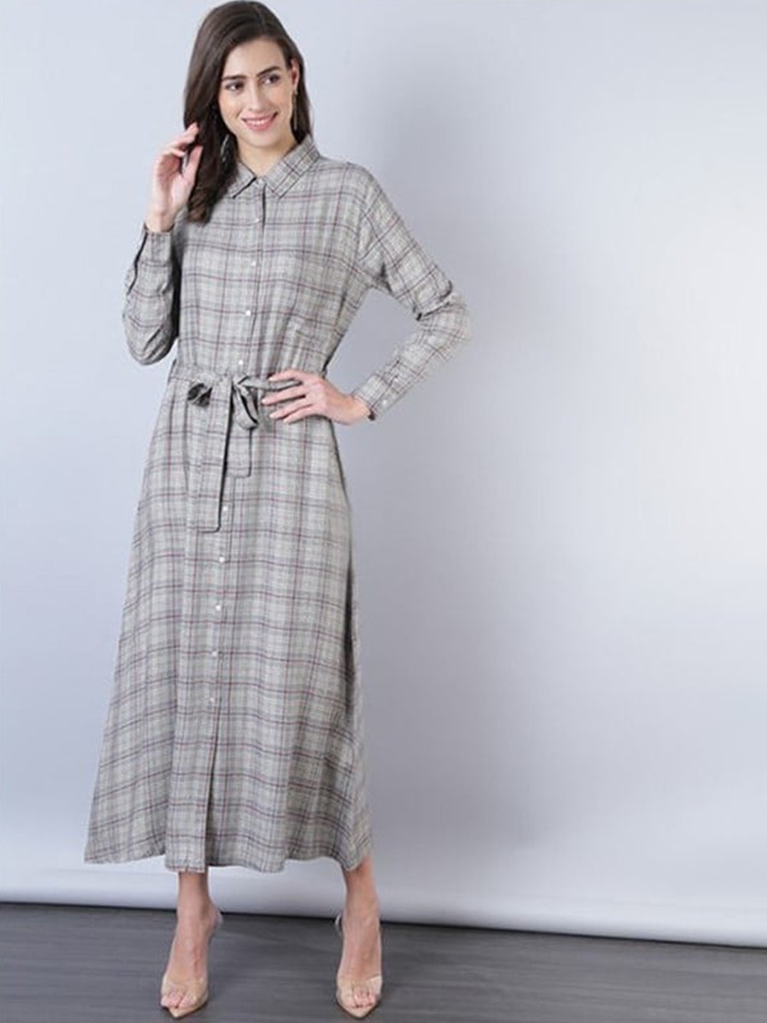 

Aila Checked Belted A-Line Midi Dress, Grey