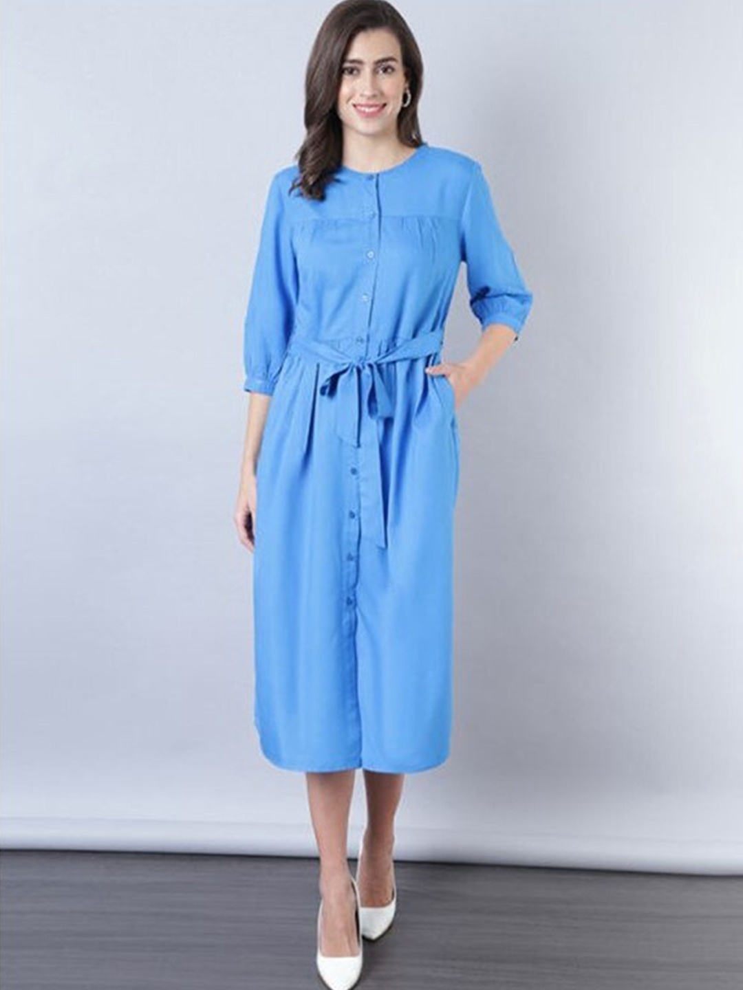 

Aila Band Collar Belted A-Line Midi Dress, Blue
