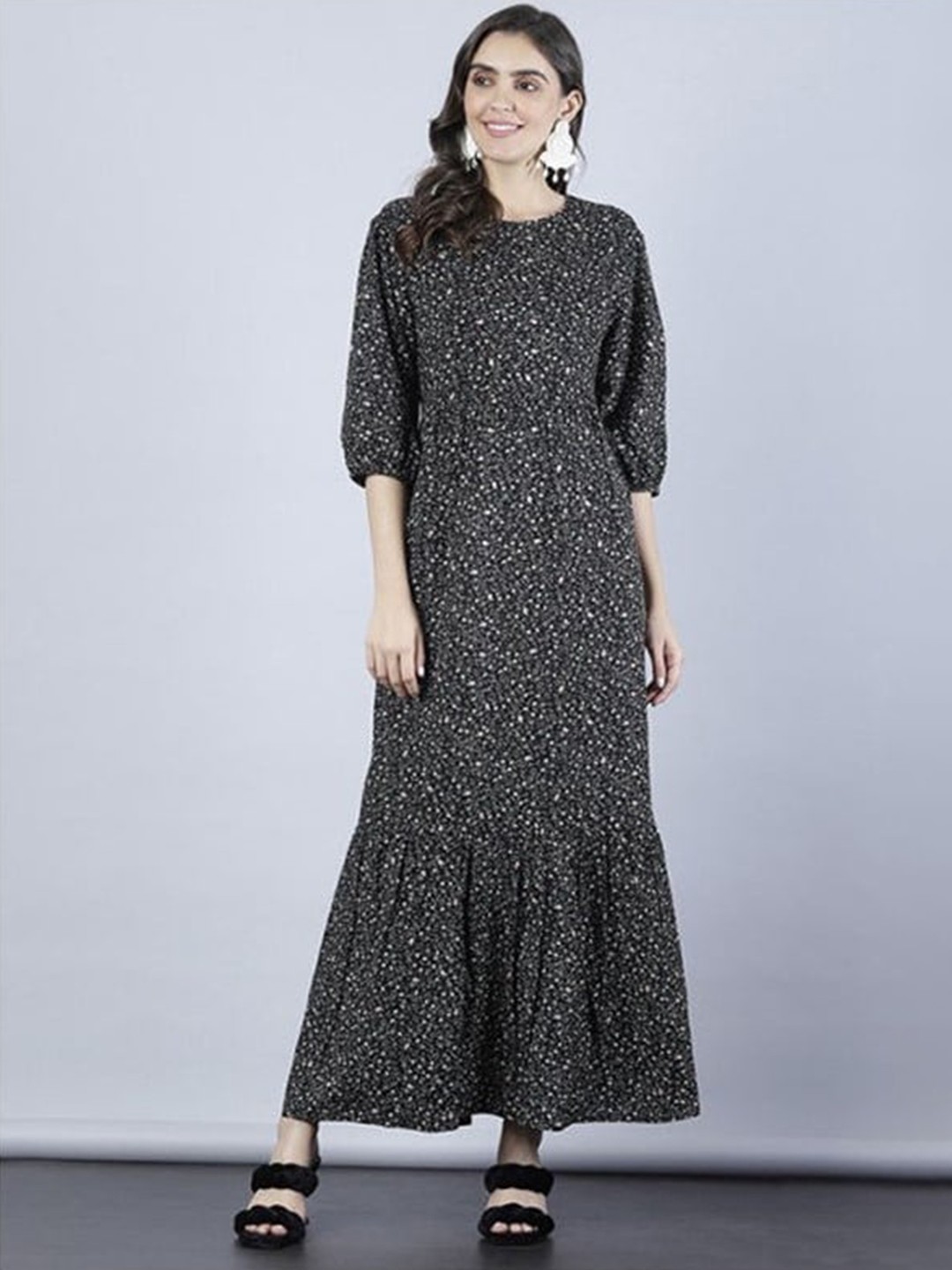 

Aila Floral Printed Cotton Puff Sleeves Maxi Dress, Black