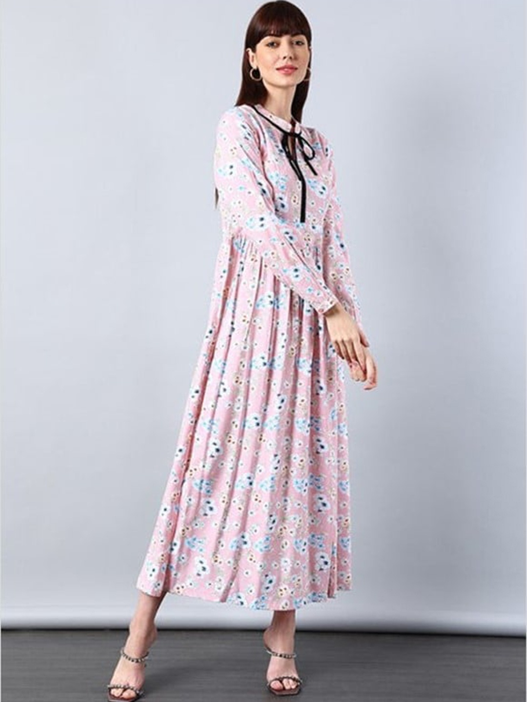 

Aila Floral Printed Cotton Tie Up Neck Cuffed Sleeves Maxi Dress, Pink