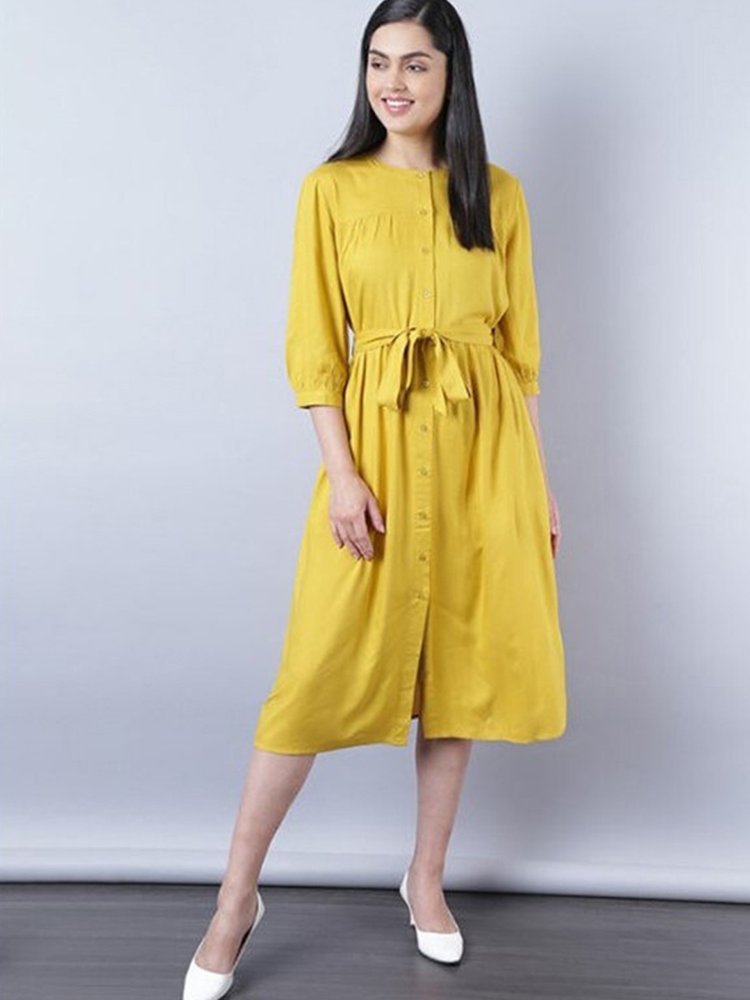 

Aila Puff Sleeves Cotton A-Line Midi Dress With Belt, Yellow